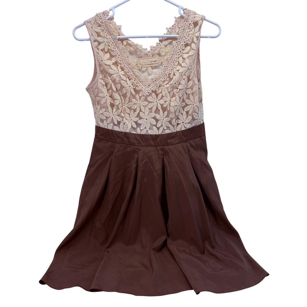 a'reve Floral Crochet Lace Fit and Flare Dress Brown Cream Sleeveless AD3484-S13